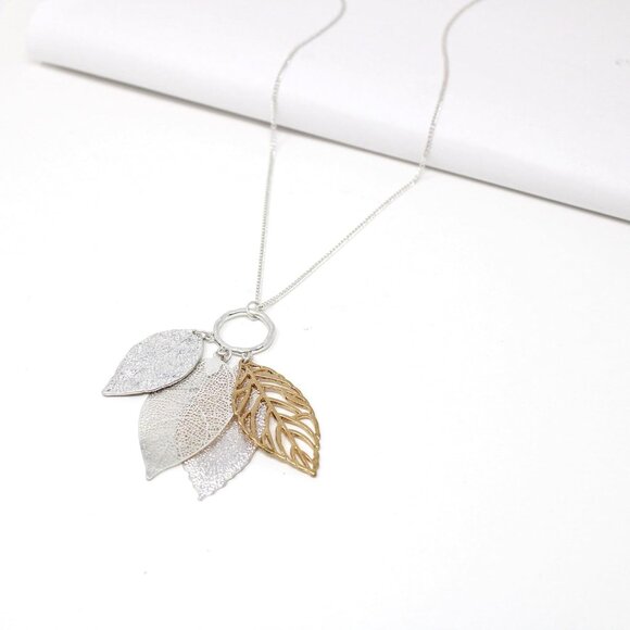 Gold Silver Two Tone Filigree Fall Leaf Pendant Long Necklace Chic Sweater Chain - Picture 9 of 9